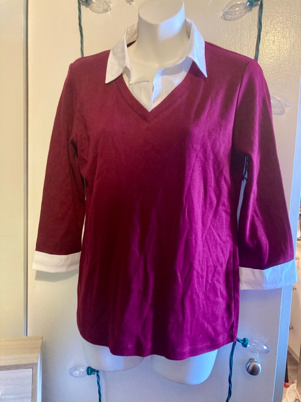 Karen Scott Berry V-Neck Sweater Top with White Trim
